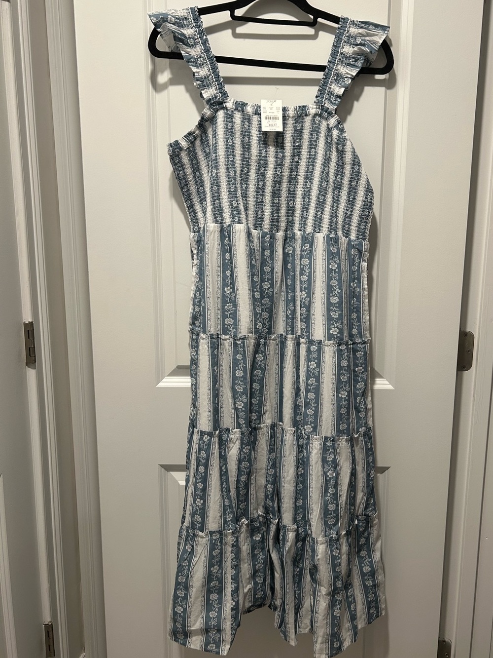 J.Crew Blue White Floral Tiered Midi Dress Cotton Smocked Size L NWT
